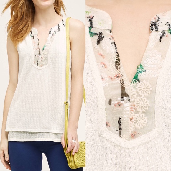Anthropologie Tops - Anthropologie Sz L Embroidered Sequin Bib Top EUC